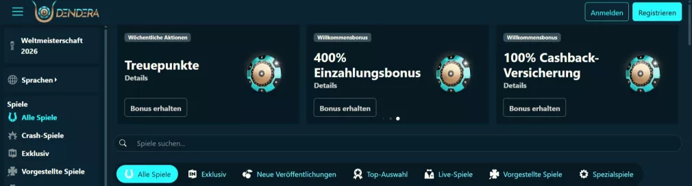Dendera Casino 400% Bonus und Cashback-Versicherung